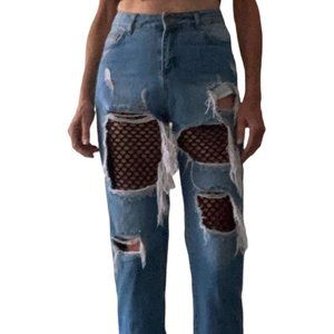 Kikiriki Distressed Netted High Rise Size M Cropped Jeans
